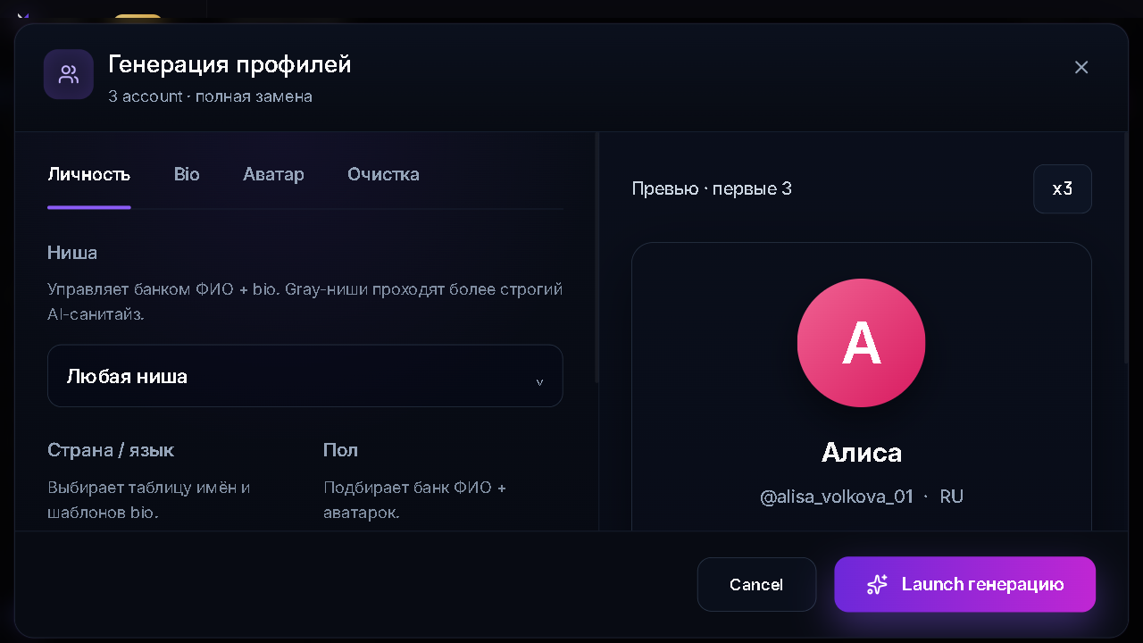 Генерация профиля аккаунта